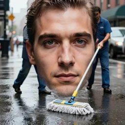 closeup portrait of a cleaner with a mop fighting puddles in rainy new york street, by Steve McCurry and David Lazar, natural light, detailed face, CANON Eos C300, ƒ1.8, 35mm, 8K, medium-format print