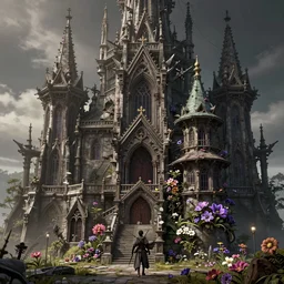 panorama of beautiful gothic, warhammer, japanic style, cyberpunk, a lot of scars, more and more flowers, blue head, the middle ages, highly detailed, artstation, illustration, art by jean delville, 8 k quality