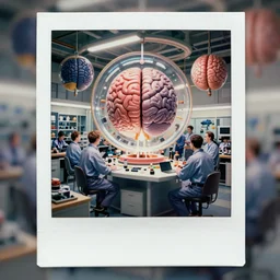 color polaroid photo of many engineers working inside a workshop where dreams are manufactured, cerebral interior by moebius in the style of jean giraud