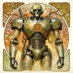 upper half portrait of army mecha robot - wires and vines as design borders, art by alphonse mucha, highly detailed, digital painting, concept art, illustration, smooth sharp focus, intricate, symmetry, artstation, colourful,