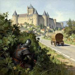 medieval thief hiding in the bushes close to a road near city of carcassonne, in a background wagon on a road by stanley artgerm lau, wlop, rossdraws, frank frazetta, andrei riabovitchev, marc simonetti, tranding on artstation