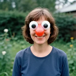 smiling woman with an inflatable spherical prosthetic nose, cardboard googly eyes, 1 9 7 6, color, tarkovsky, medium - shot 1 6 mm film, in a garden