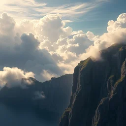 a beautiful digital render of a dream cliff with paradise in the background, translucent cumulus clouds, fog, dark, volumetric lighting, very detailed, cirrus, washed out colors, intricate detail, ultrarealistic, master level composition, raytracing effects