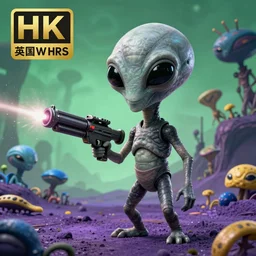 big-headed grey alien with large black eyes holding an energy rifle on an alien planet with purple soil, green sky, blue and yellow fauna, alien creatures in the background, highly detailed, high quality, HD, 4k, 8k, Canon 300mm, professional photographer, 40mp, lifelike, top-rated, award winning, realistic, sharp, no blur, edited, corrected, trending