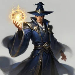 a highly detailed illustration of fierce short black haired older asian male wizard wearing ornate navy robe and mage hat, dramatic wielding glowing orb pose, intricate, elegant, highly detailed, centered, digital painting, artstation, concept art, smooth, sharp focus, league of legends concept art, WLOP
