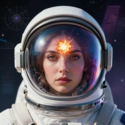 retrofuturistic portrait of a front facing woman in astronaut helmet, head towards camera, reflective gradient to transparent visor, atomic bomb explosion in the visor, space graphics art in background, close up, quint buchholz, wlop, dan mumford, artgerm, liam brazier, peter mohrbacher, raw, featured on artstation, octane render, cinematic, elegant, intricate, 8 k