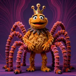 a high quality photo of a strange humanoid muppet king with furry fuzzy body and many segmented legs, absurdist fantasy, sharp focus, vibrant, vivid, symmetry, highly detailed, cinematic, intricate lines, concept art by giger, lisa frank, beksinski, emil melmoth