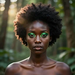 beautiful african portrait, ( ( head shot ) ), sharp focus, neo classic, bloom, movie still, sony, symmetrial, makeup, sephora, loreal, green highlights, lens flare, afro - futurism, studio light, octane render, national geographic, maybelline, model, forest, traditional, vsco, bokeh, 8 k