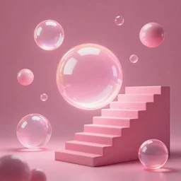 surreal 3 d vaporwave raytraced scene, global illumination, floating illuminated orbs, pink staircase, trending on artstation, masterpiece
