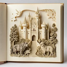 intricate cut - out book art of animals in a castle, brian dettme, beautiful, highly detailed