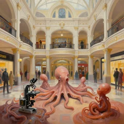 victorian shopping mall courtyard, microscopy cyborg cephalopods minimalist oil painting by donato giancola, chris foss, maschinen krieger fetuses organic laboratory, beeple, the matrix, star wars, ilm, star citizen, mass effect, warm coloured, artstation, atmospheric perspective