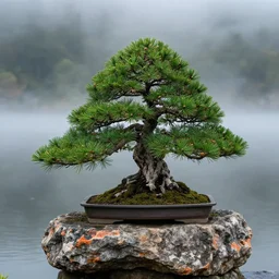 fhoto bonsai fir on a small rough rock with shades of edges, in lake, fog, medium shot, volumetric lighting, beautiful, sharp focus, ultra detailed, cgsociety by leesha hannigan, thierry doizon, kai carpenter, ignacio fernandez rios, noir art house, 4 k, 3 5 mm, fujifilm