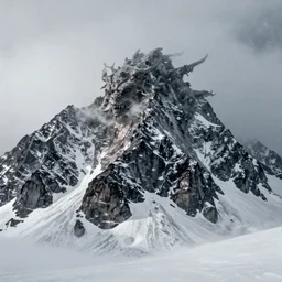 a large mountain in the artic with a large eldritch monster peeking its head from around the mountain. grainy, snowing, overcast sky, slight fog.