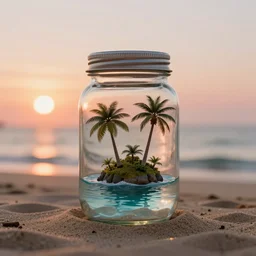 photograph of a glass jar with a miniature tropical island surrounded by water inside, standing in sand on a beach. palm trees in the jar. a miniature ocean in the jar. a miniature island in the jar. quiet sunset in the background. soft golden red lighting. hyperrealistic, cgsociety, 8 k