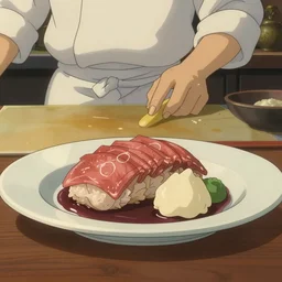 a shot of a beautiful delicious plate of food, amazing food illustration, chef table, in style of studio ghibli, miyazaki, anime