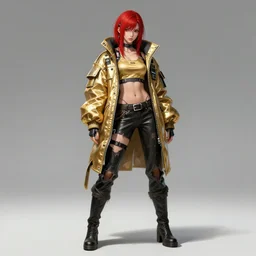 a full body illustration of an Japanese female cyberpunk character with red hair, cyberpunk 2077 concept art, wearing oversized gold techwear jacket revealing tank top underneath, torn punk leather pants, highly detailed, soft lighting, by Stanley Artgerm Lau, WLOP, Rossdraws, James Jean, Andrei Riabovitchev, Marc Simonetti, and Sakimichan, HD, 4K