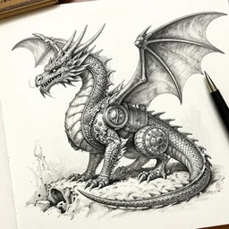 pen and ink sketch, steam punk dragon, very fine detail, concept art, high detail, fine pen