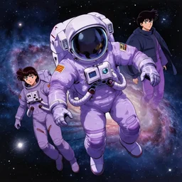 astronaut wearing purple space suits floating in the comic galaxy, by takehiko inoue and kim jung gi and hiroya oku, by thomas kinkade and greg rutkowski and ilya kuvshinov, masterpiece illustration, ultrarealistic, perfect face and anatomy, golden ratio