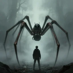 a man standing in front of a giant spider, foggy scene. concept art by jason a. engle, cgsociety, fantasy art, concept art, lovecraftian, apocalypse art.