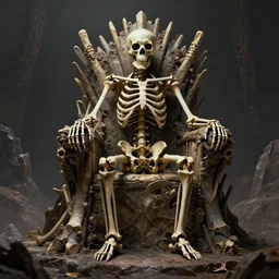 a skeleton sitting on a throne in a mountain of bones, highly detailed, high quality, 8K, cinematic lighting, trending on Artstation, concept art, DeviantArt