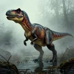 velociraptor, in swamp, surrounded by fog, ansel adams, in style frazetta, turok dinosar hunter, 8 5 mm lens, in style sin city