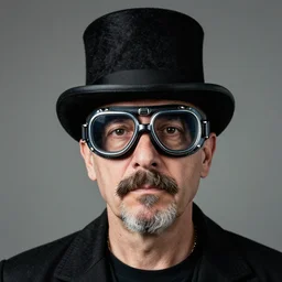 portrait of a middle aged man with handlebar mustache, wearing goggles and a top hat, studio lighting, 8 5 mm lens