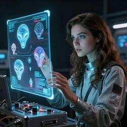 beauty young space woman analyzing in a hologram with alien artifacts, electrical case display, 80s Aliens tech, ultrarealistic, dramatic lighting, electrical details, high details, 4k, 8k, best, accurate, trending on artstation, artstation, photorealism, ultrarealistic, digital painting, style of Peter Mohrbacher and Boris Vallejo and Wayne barlowe