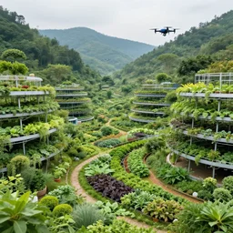 lush valley full of stacked gardens, futuristic farming technology, drones flying around to harvest bountiful produce