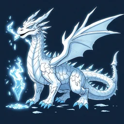 a large, white ice dragon with blue accents. it has a long neck, and its body is covered in spikes and scales. its wings are enormous, and it has a long spiky tail. it has a regal appearance, breathing frost, trending on pixiv, by kawacy, digital art, cool lighting, comic, cartoon
