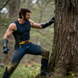 superhero Logan wolverine losing in a fight against a tree.