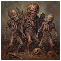 thick acrylic painting on necrotic skin of flayed god machines, cluster battle chaos, intricately macerated by age, sentient, rusted, macerated, eviscerated by fimbria wires, bicornate fungal pit, trash patina sheen rotting, by alberto bontempi, alex ross, shigeru komatsuzaki, wayne d barlowe