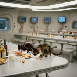 Film still of an empty mess hall in a scifi movie, spilt drinks, food on the table, bottles, monitors with wires on the wall, bright cinematic lighting, Cinestill colour cinematography, anamorphic, year 3000, cat drinking milk