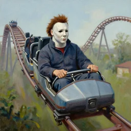 portrait painting of Michael Myers in a long roller coaster, sharp focus, wide shot, trending on ArtStation, masterpiece, by Greg Rutkowski, by Ross Tran, by Fenghua Zhong, octane, soft render, oil on canvas, colorful, cinematic, environmental concept art