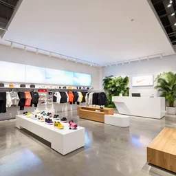 architectural photography, 8 k, realistic lighting, reflections, bloom, hyperdetailed environment, pbr materials. large nike boutique flagship retail. white walls. polished concrete floor. display tables with colorful shoes and varied clothes. bright digital screens on walls. low ceilings with downlights and spots. white corian and oak furniture. impressive counter. lush plants