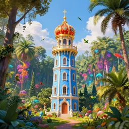 a blue castle tower with a golden and red rococo dome stands in front of a multicolored glowing magical forest with tall trees and palm trees, sunny day, small fluffy clouds, parrots fly around the tower, beautiful landscape, very detailed