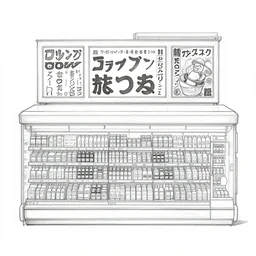a japanese supermarket in the style of daniel johnston and outsider art, 8 k, line brush, minimal, overlaid with japanese adverts