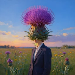 portrait, enormous thistle flower as a head, a girl in a suit in field of flowers, surreal photography, sunrise, blue sky, dramatic light, impressionist painting, digital painting, artstation, simon stalenhag