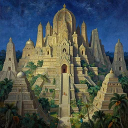 a beautiful painting of the pinnacles, domes and towers of the ancient mayan jungle city, with the night sky with stars above, intricate, elegant, highly detailed, digital painting, artstation, concept art, by krenz cushart and artem demura and alphonse mucha
