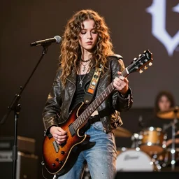 19-year-old girl wearing leather jacket and denim jeans, permed hair, holding electric guitar, stoner rock, HD photograph, heavy rock concert, live concert footage