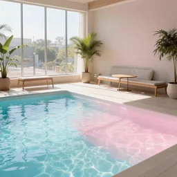a sunlit indoor lounge area with a pool with clear water and another pool with translucent pastel pink water, next to a big window, digital art