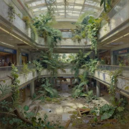 Interior of a post apocalyptic abandoned mall reclaimed by nature, highly detailed, oil on canvas, by Ivan Shishkin and Aivazovsky