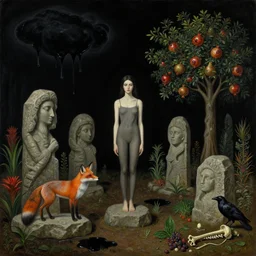 realistic painting of solid black night sky, war, tall emo girl, forest, stone sculptures, a fox, a pear tree, black clouds dripping black liquid, stones, black puddles, pomegranate tree, bromeliads, herbs, raven, bones, berries, zen, sensual, surrealist painting by magritte and monet and kahlo