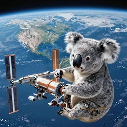 koala fixing the international space station with the earth in the background, wide shot, panoramic view, 8 k