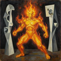 anthropomorphic god of fire, surreal by dan mumford and umberto boccioni, oil on canvas