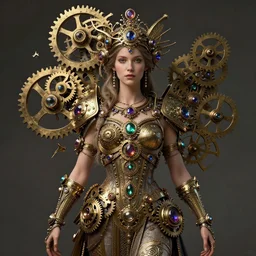 A steampunk beautiful goddess, she is embellished with gears wheels and gemstones, by William Holman Hunt, Greg Rutkowski, Stanely Artgerm, Tooth Wu, Peter Gric, Aaron Horkey, trending on Artstation, digital art, mythological, symmetrical artwork, cinematic lighting, hyper realism, high detail, octane render, ultra realistic, golden ratio, 4k, 8k