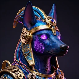awardwinning photo of a steampunk anubis, the face is covered with purple glowing digital circuits, wearing a glowing blue and golden metallic aztec helmet with multicolored cables and shiny metallic gears, 3 d render, crisp, 8 k, fluorescent colors, nikon photography