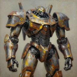 an intricate oil painting of a giant armored plated metal mecha by simon stalenhag, rust, yellow and black trim
