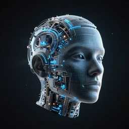 a head made out of software floating in space, surreal, hyperrealistic, dramatic lighting