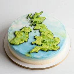 a sheet cake designed to look like an aerial view of the british landscape