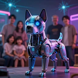 japanese model cyborg dog with digital led skin, neon lighting, techno neon projector background, family photo, intricate details, ultra realistic, unreal engine 5, depth of field, bokeh, octane render